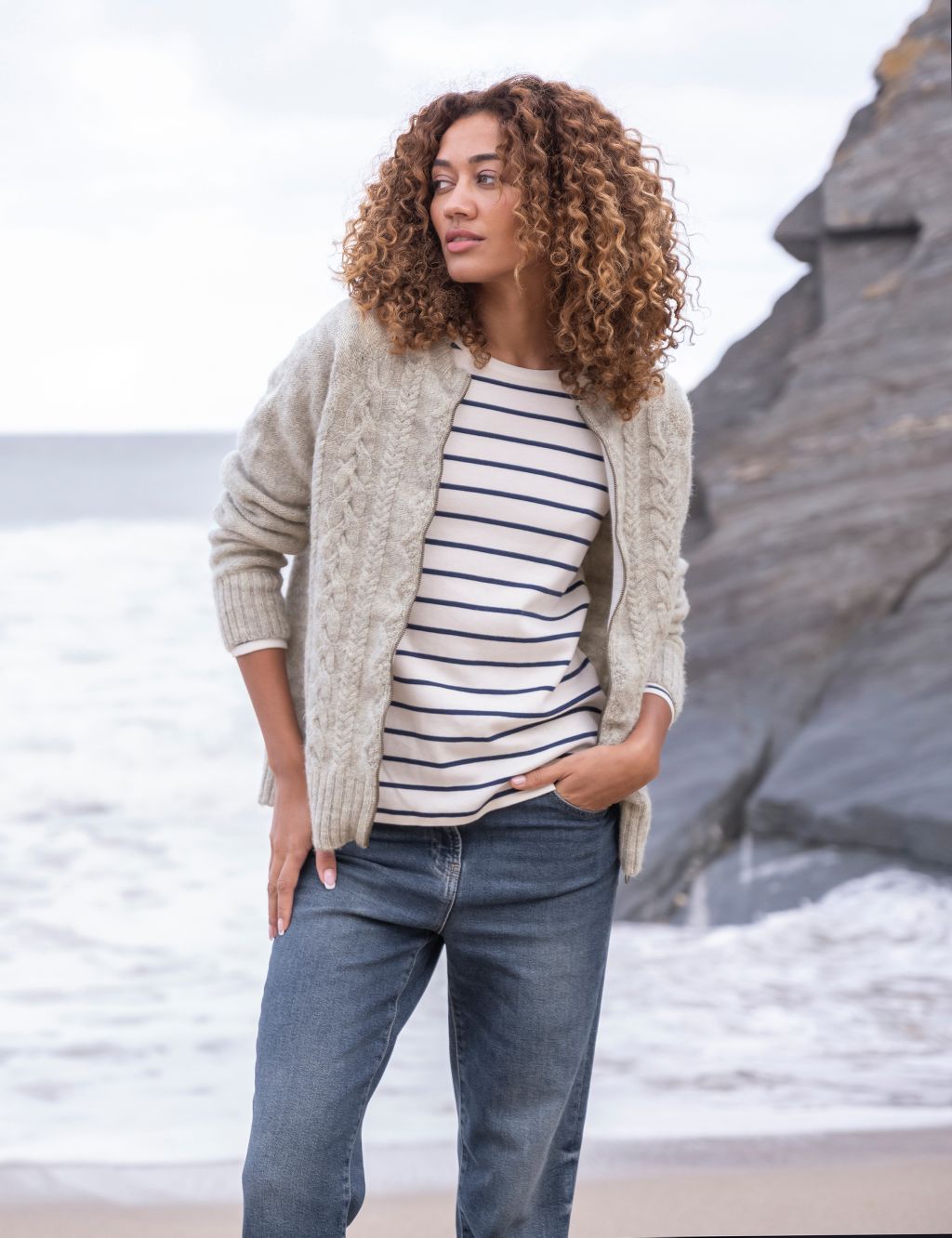 Pure Wool Cable Knit Zip Up Cardigan