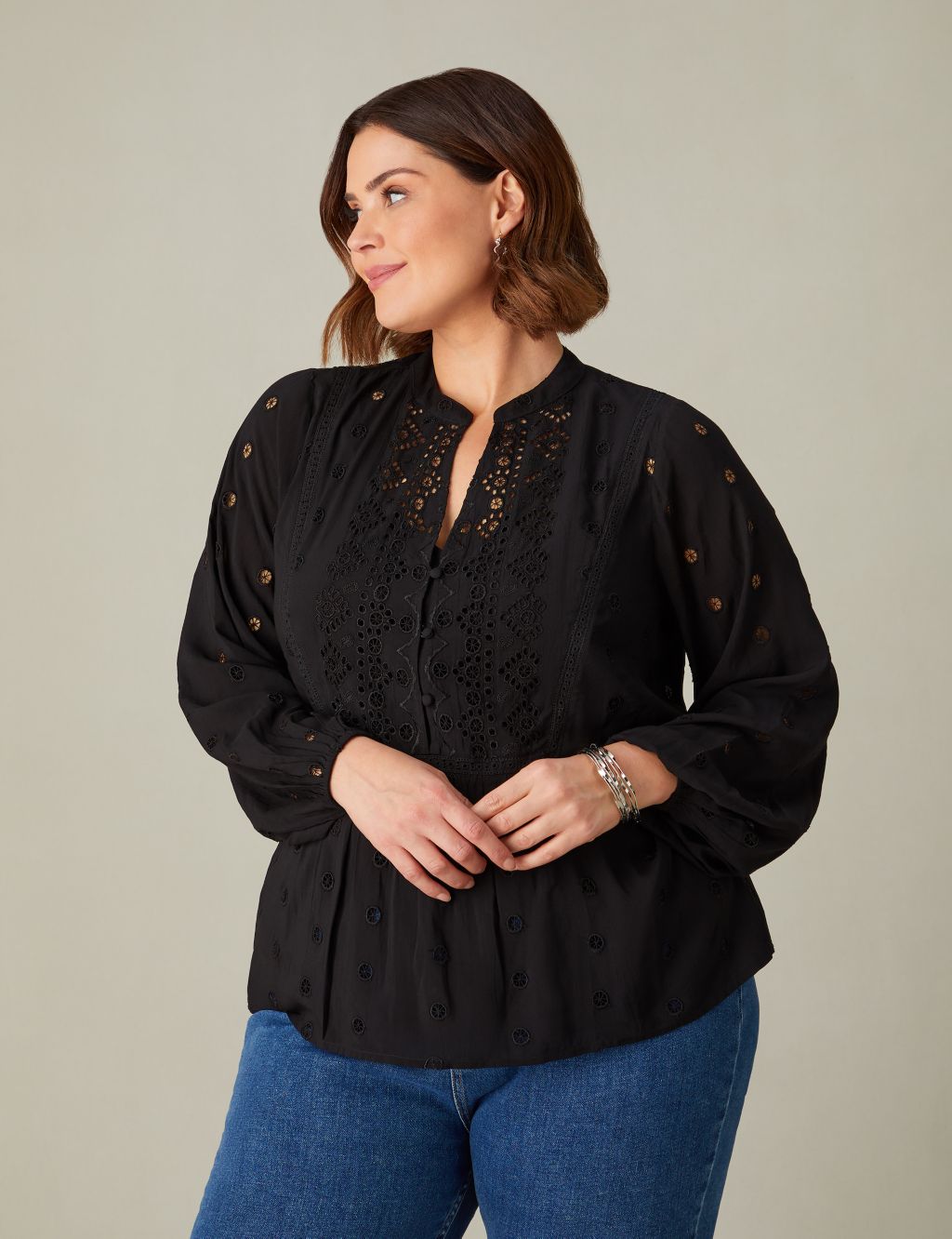 Broderie Embroidered Notch Neck Blouse