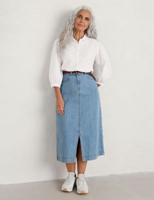 Seasalt Cornwall Women's Cotton Rich Denim Midi Skirt - 10REG - Blue, Blue