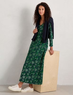 Seasalt Cornwall Womens Cotton Rich Floral V-Neck Maxi Dress - 12REG - Green Mix, Green Mix
