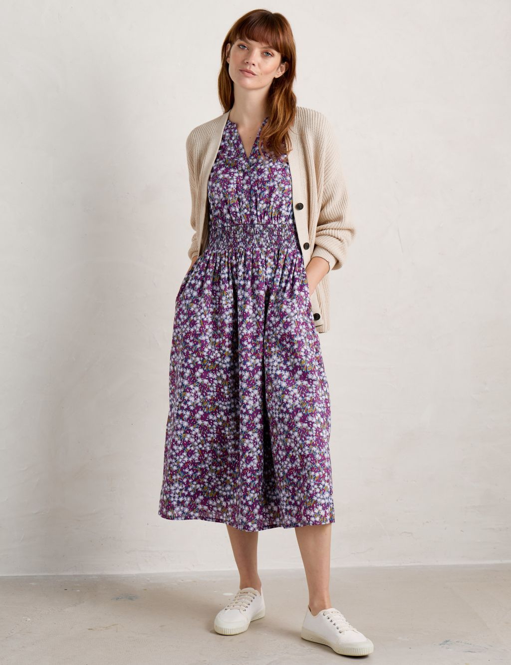 Organic Cotton Floral V-Neck Midi Dress