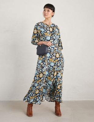 Seasalt Cornwall Womens Floral Maxi Waisted Dress with Linen - 10REG - Navy Mix, Navy Mix