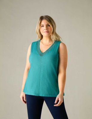 Live Unlimited London Womens Pure Cotton Broderie V-Neck Vest - 12 - Green, Green