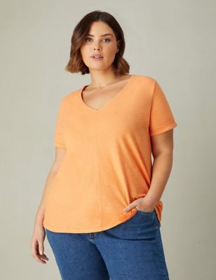 Live Unlimited London Women's Pure Cotton V-Neck T-Shirt - 14 - Orange, Orange