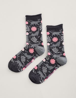Seasalt Cornwall Women's Cat and Floral Ankle High Socks - Grey Mix, Grey Mix