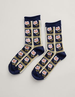 Seasalt Cornwall Womens Floral Ankle High Socks - Navy Mix, Navy Mix