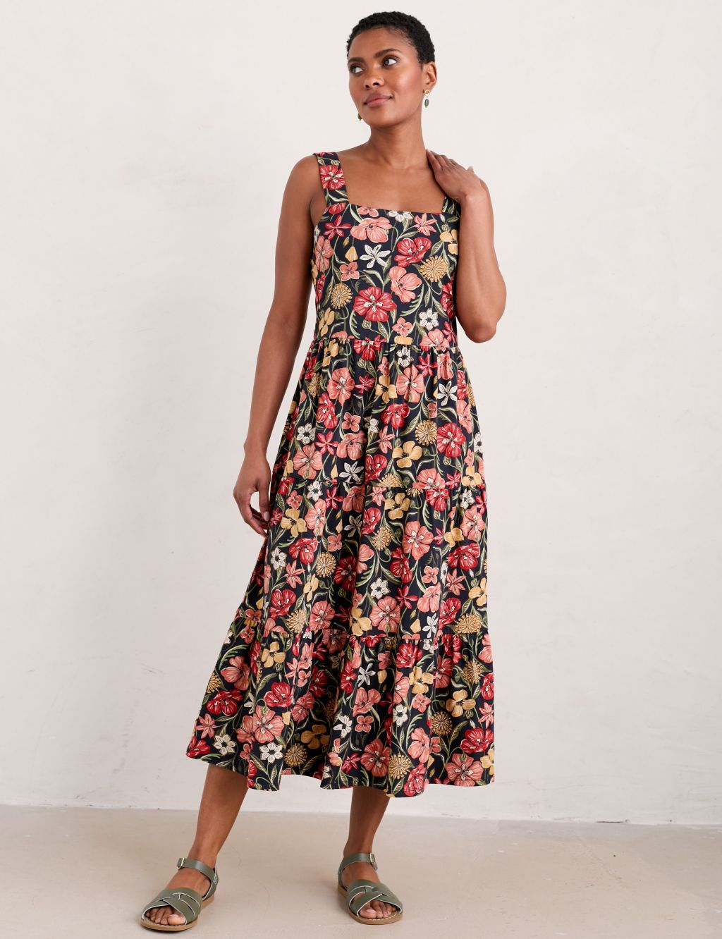 Cotton Rich Floral Midaxi Tiered Dress