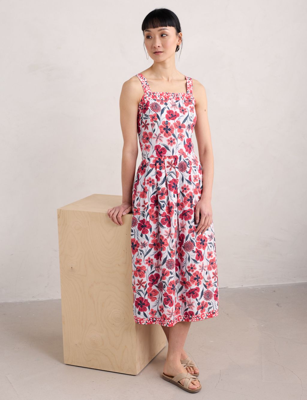 Pure Cotton Floral Square Neck Waisted Dress