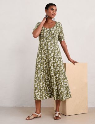 Seasalt Cornwall Women's Floral Midi Waisted Dress with Cotton - 16 - Green Mix, Green Mix