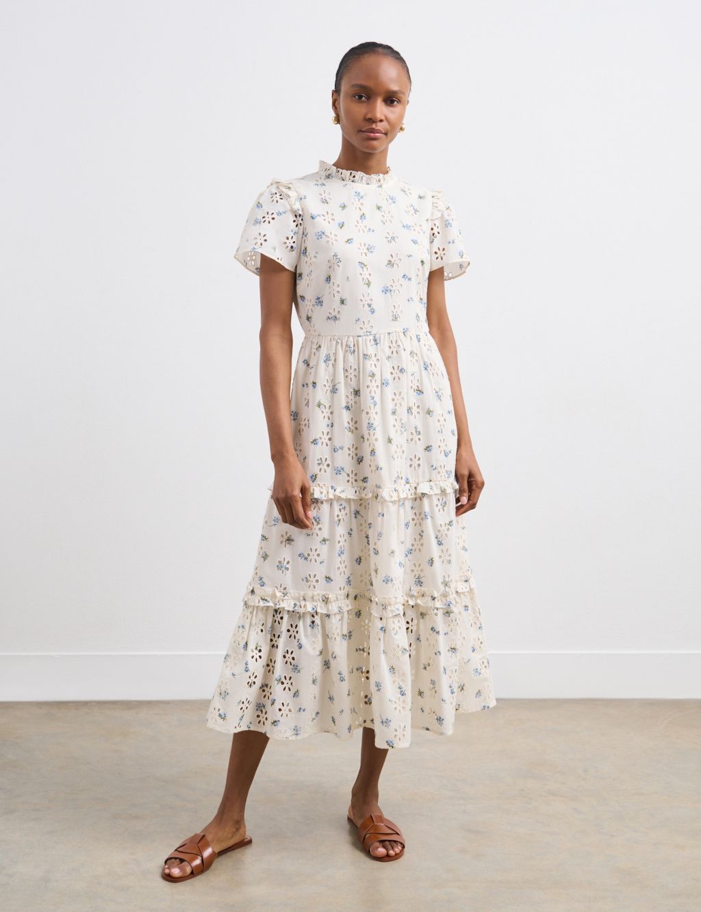 Pure Cotton Floral High Neck Midi Tiered Dress