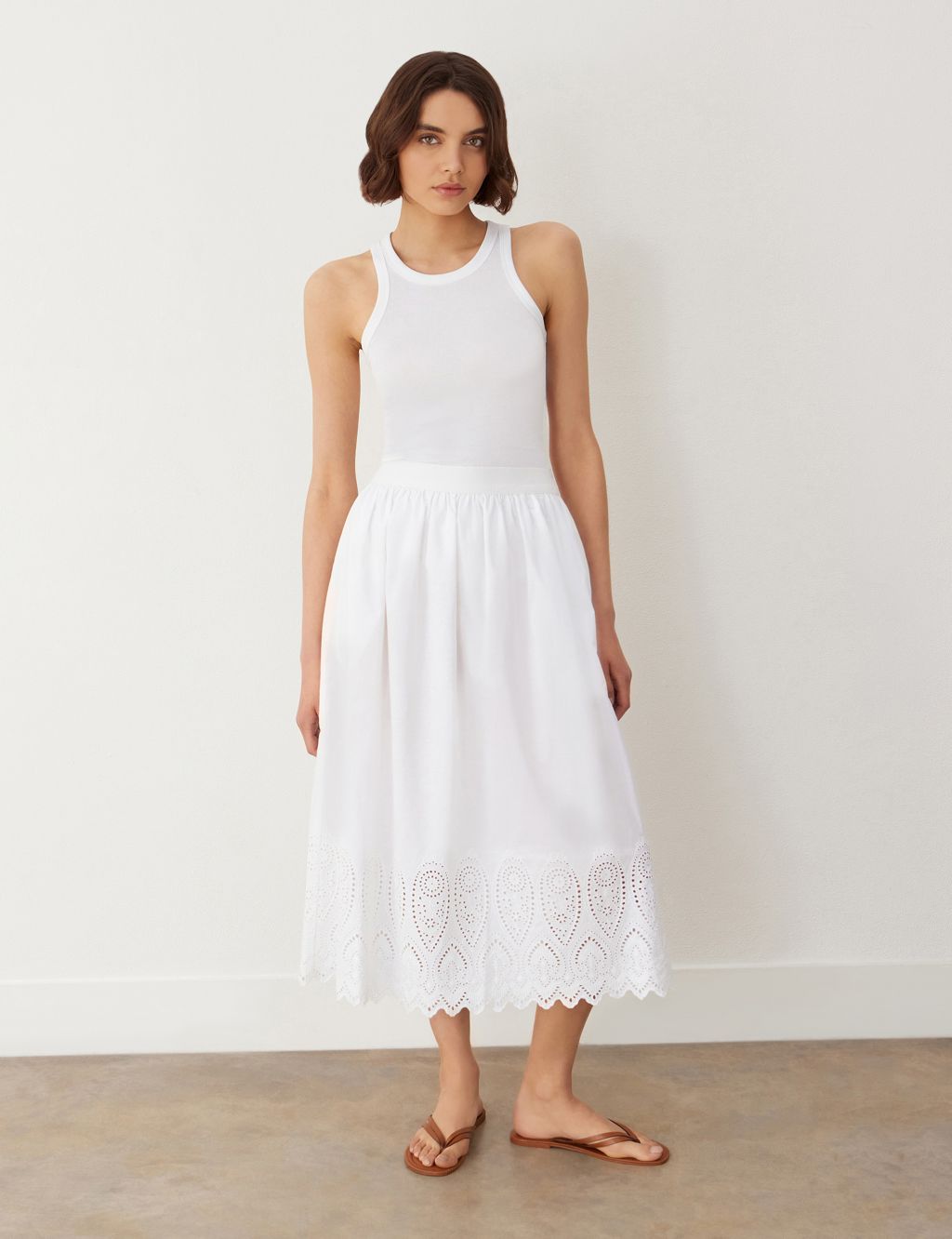 Pure Cotton Cutwork Detail Midi A-Line Skirt