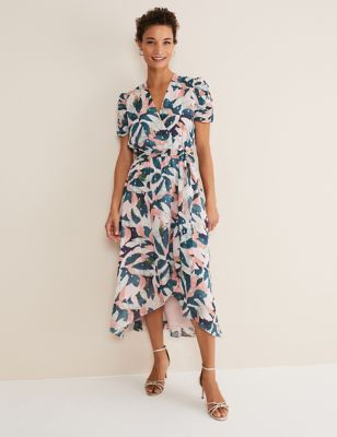 Phase Eight Womens Floral V-Neck Tie Waist Midi Wrap Dress - 8 - Multi, Multi
