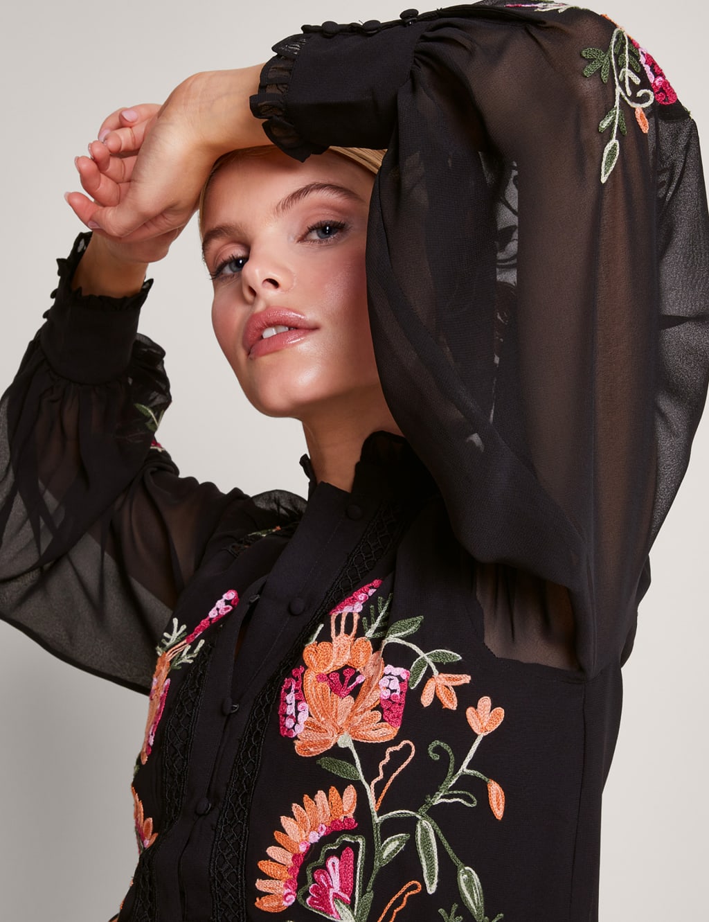 Embroidered High Neck Blouson Sleeve Blouse image 5