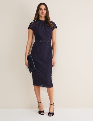 Phase Eight Women's Cotton Rich Lace Round Neck Midi Tea Dress - 18 - Navy, Navy