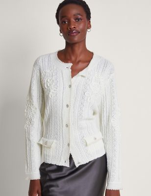 Monsoon Womens Textured Pointelle Fitted Cardigan - XL - Ivory Mix, Ivory Mix