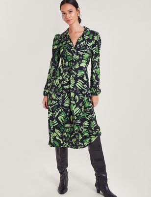 Monsoon Womens Printed Twist Front Midi Shirt Dress - L - Green Mix, Green Mix