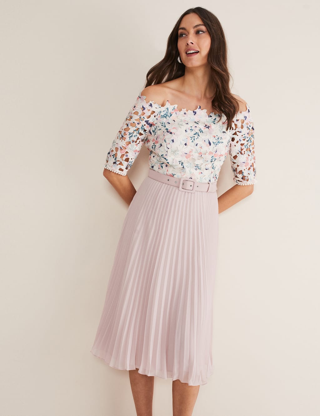 Floral Lace Bardot Knee Length Dress image 4