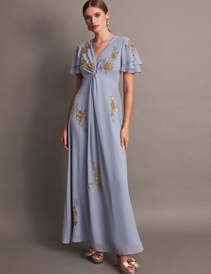 Monsoon Womens Embellished V-Neck Maxi Waisted Dress - 6 - Blue Mix, Blue Mix