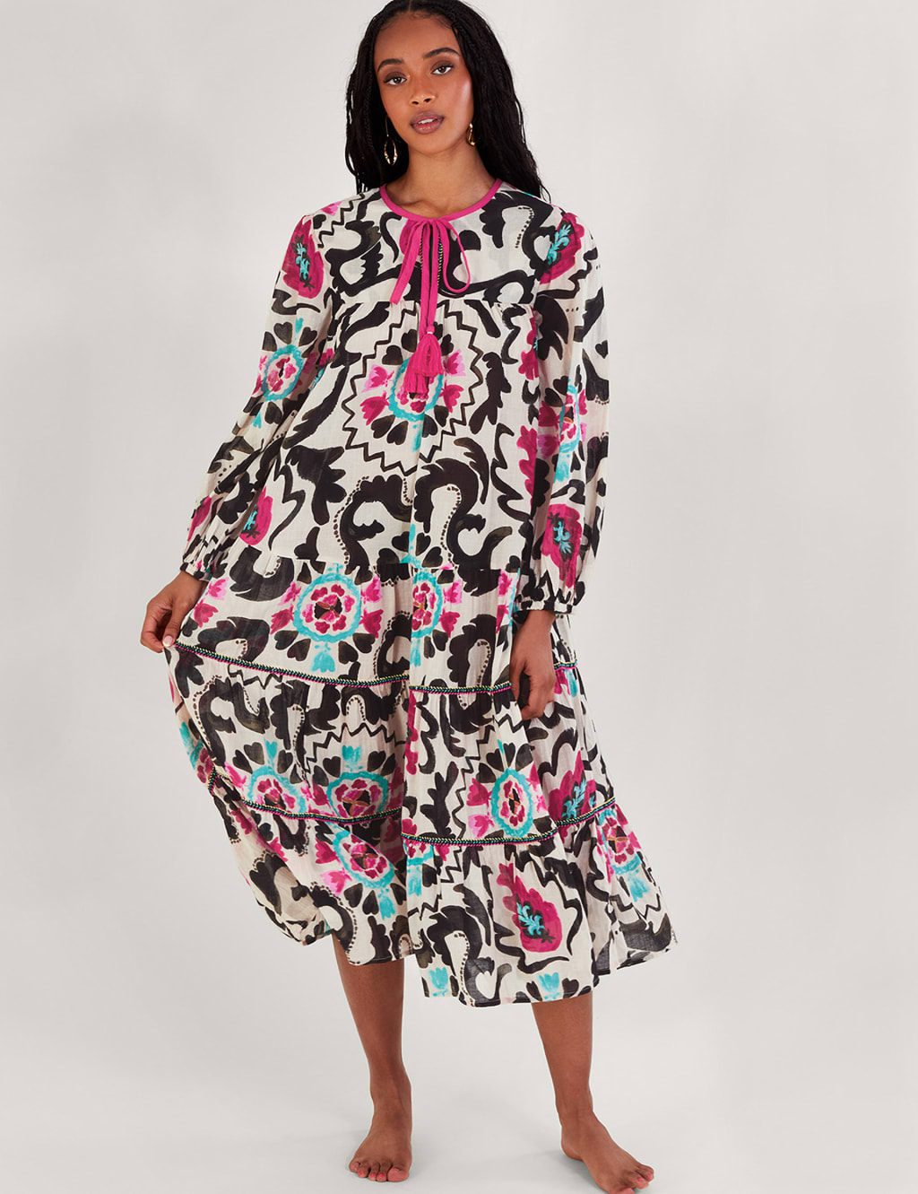 Pure Cotton Printed Tie Neck Midi Kaftan