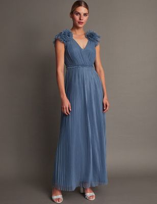 Monsoon Women's Embellished V-Neck Pleated Maxi Waisted Dress - 8 - Blue, Blue