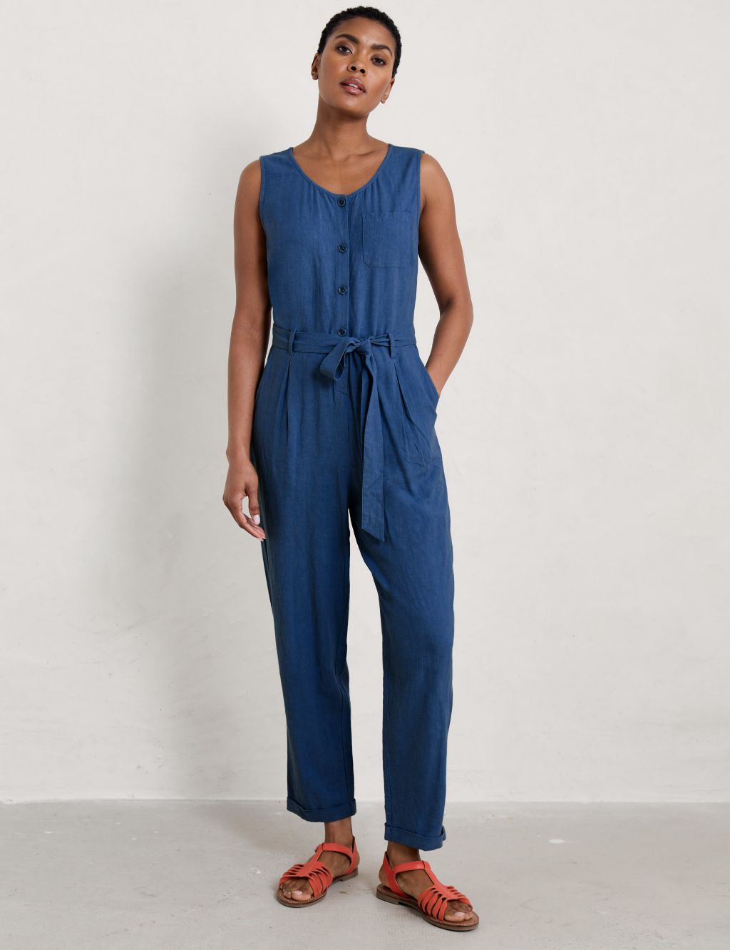 Linen Rich Belted Cropped Jumpsuit
