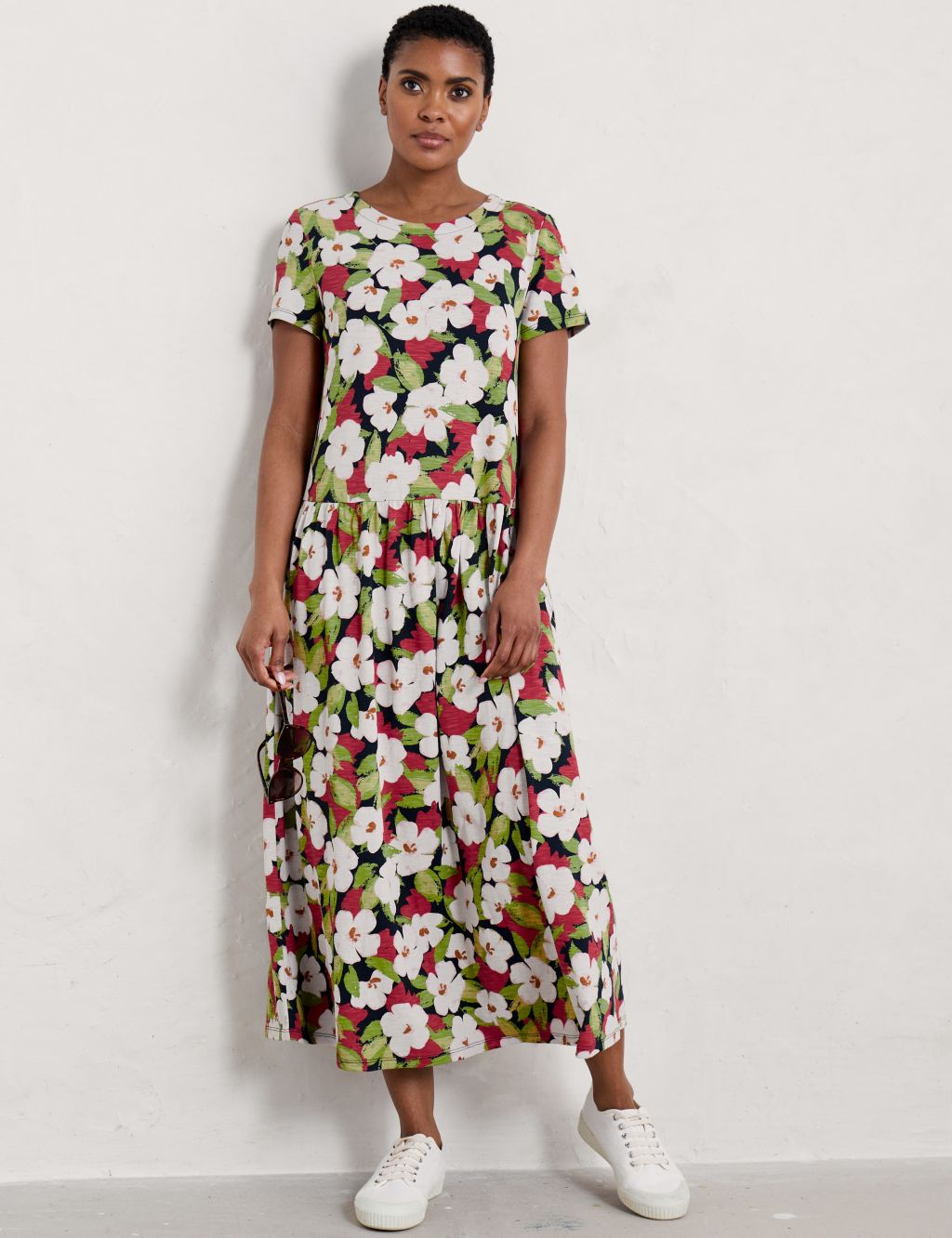 Pure Cotton Floral Midaxi Waisted Dress