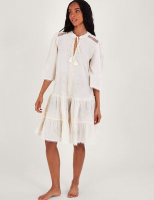 Monsoon Women's Pure Cotton Embroidered Kaftan Dress - Ivory Mix, Ivory Mix