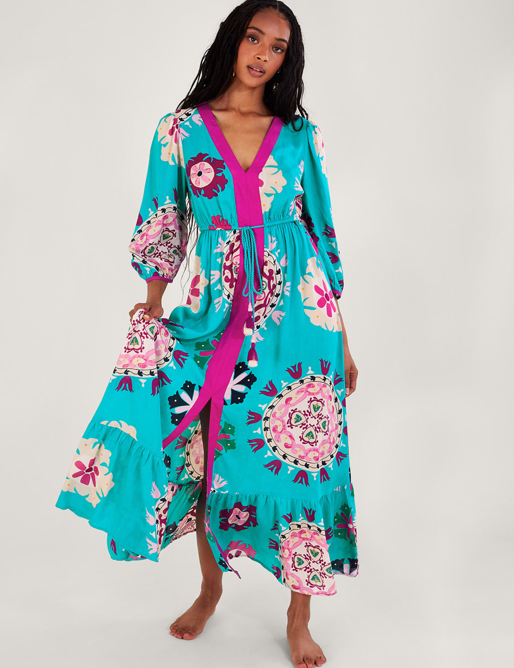 Printed V-Neck Tie Waist Maxi Smock Dress