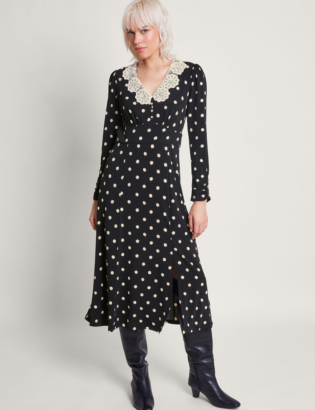 Spot Print Collared Midi Waisted Dress
