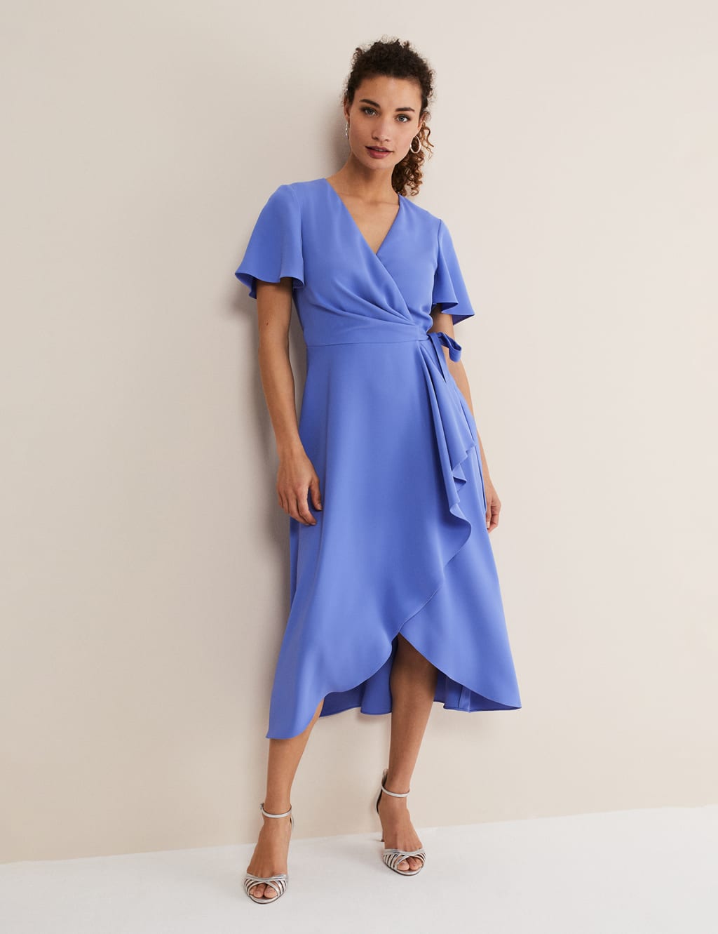 V-Neck Angel Sleeve Knee Length Wrap Dress