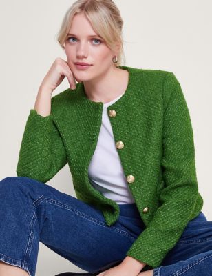 Monsoon Womens Tweed Collarless Cropped Jacket - M - Green, Green