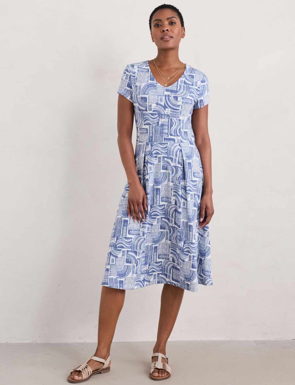 Cotton Rich Geometric V-Neck Midi Dress