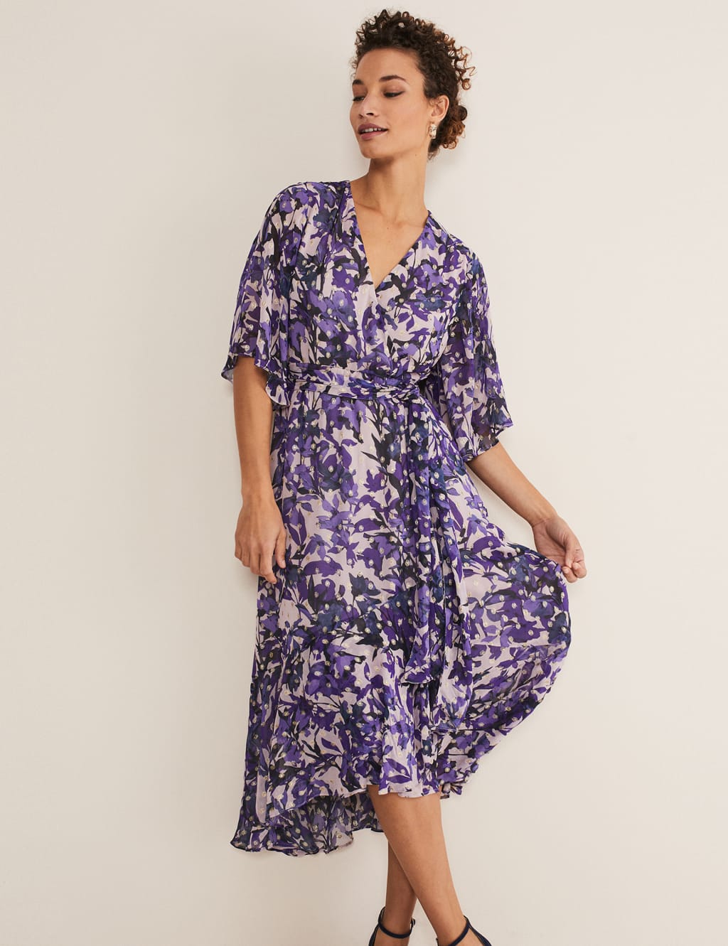 Floral V-Neck Midi Wrap Dress