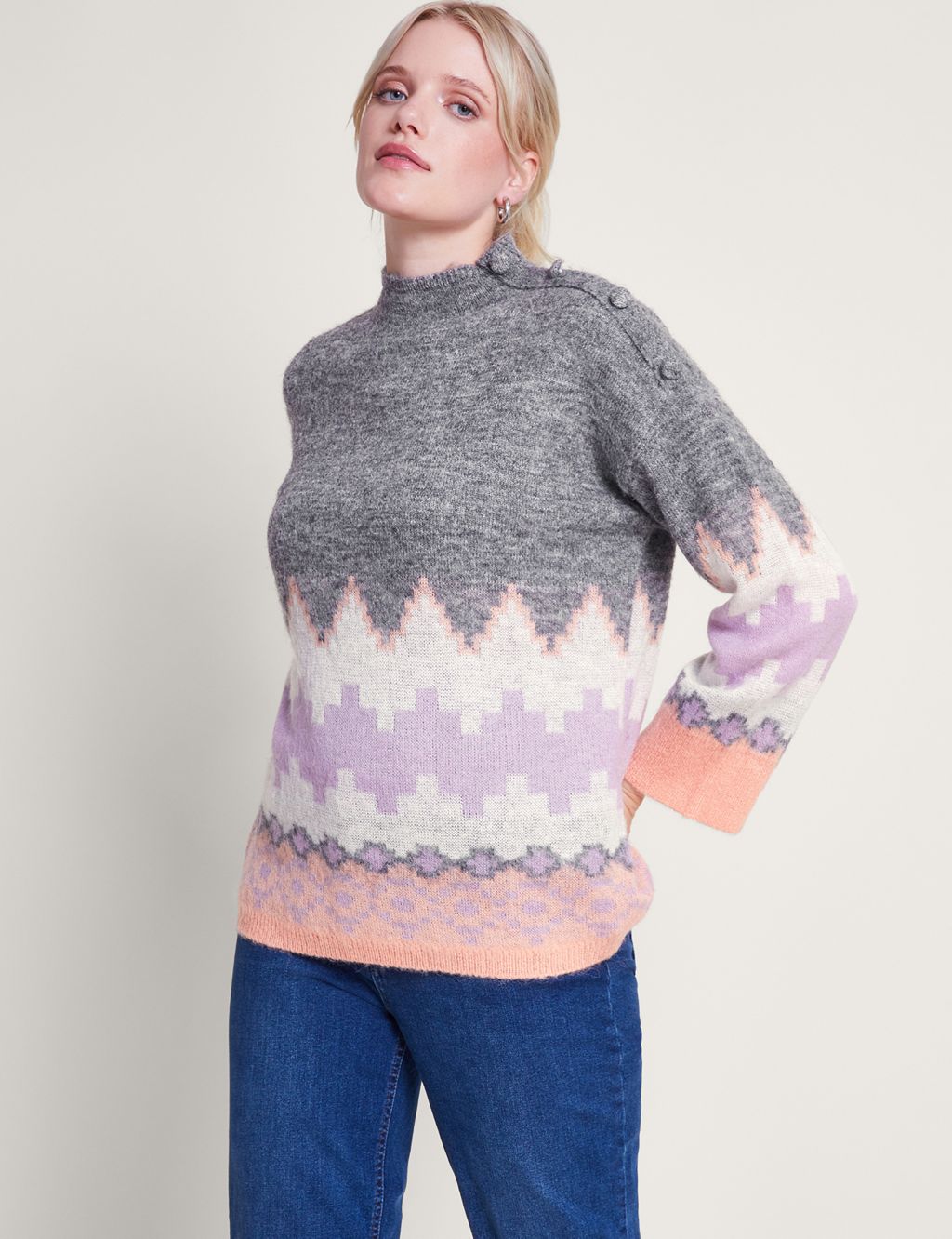 Colour Block Funnel Neck Jumper with Wool