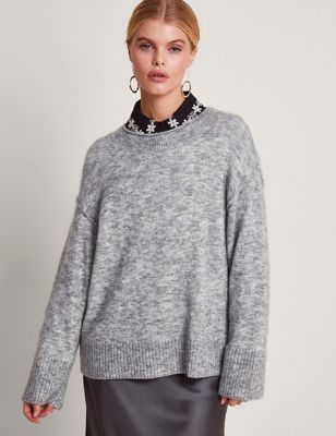 Monsoon Womens Crew Neck Textured Relaxed Jumper with Wool - S - Grey, Grey