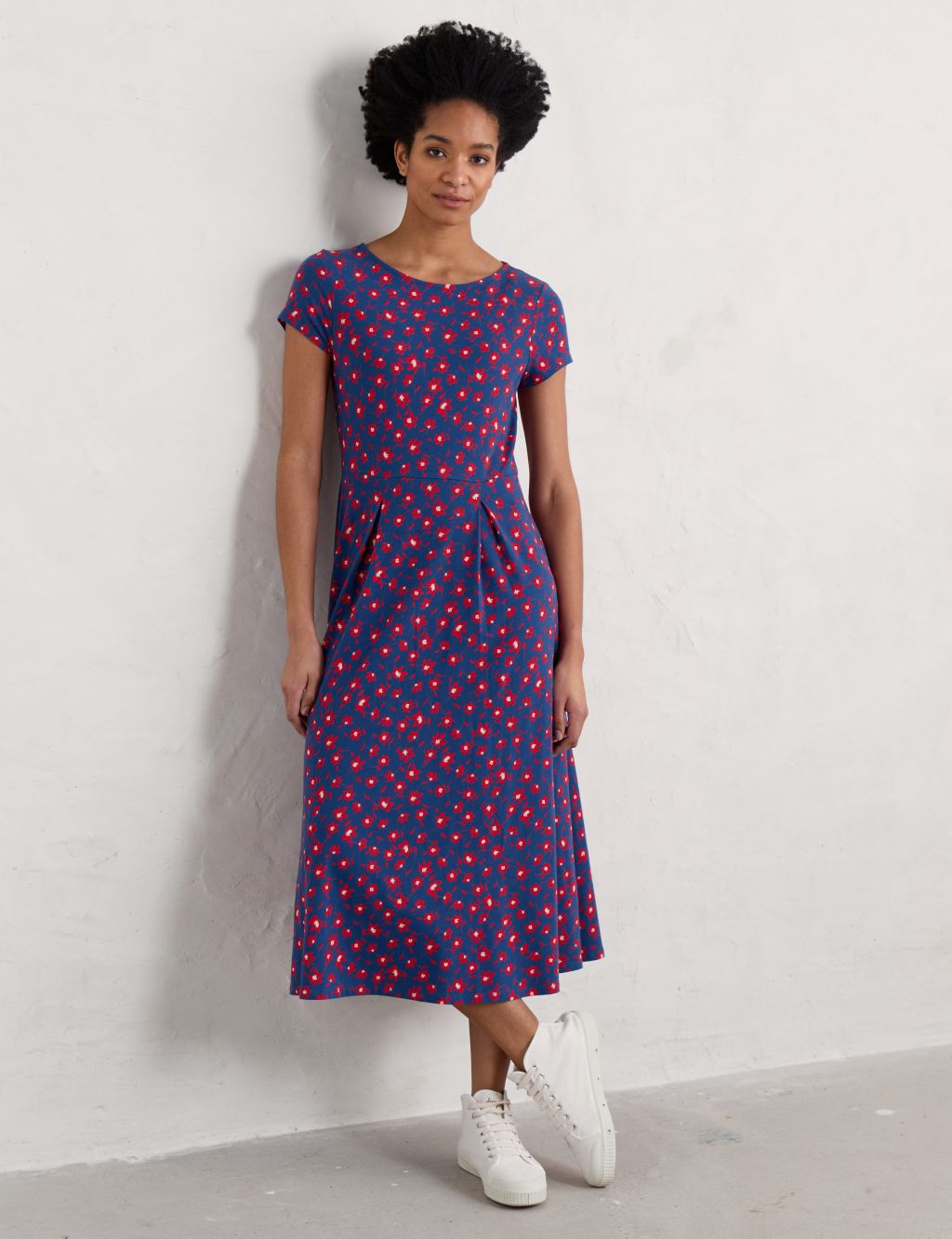 Cotton Rich Floral Jersey Midi Waisted Dress