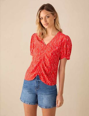 Ro&Zo Women's Printed V-Neck Top - 14 - Red Mix, Red Mix