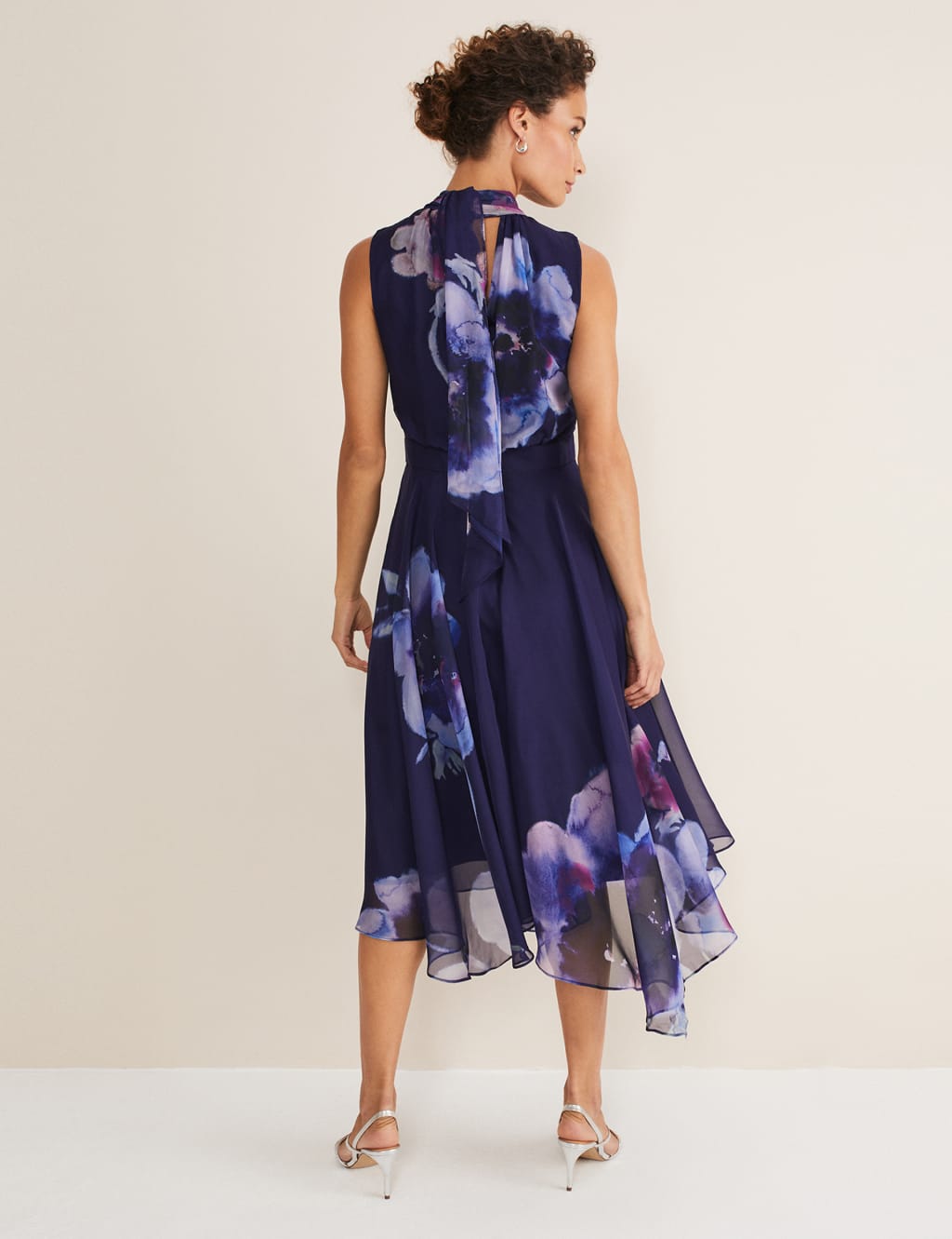 Chiffon Floral Tie Neck Midi Tea Dress image 3