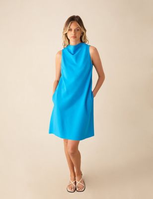 Ro&Zo Women's Cowl Neck Mini Shift Dress with Linen - 16 - Mid Blue, Mid Blue,Black