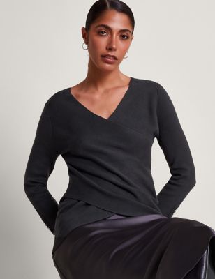 Monsoon Womens V-Neck Mock Wrap Button Detail Jumper - S - Charcoal, Charcoal