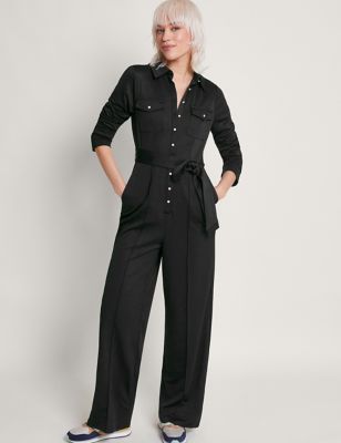 Monsoon Womens Jersey Button Front Long Sleeve Jumpsuit - XXL - Black, Black