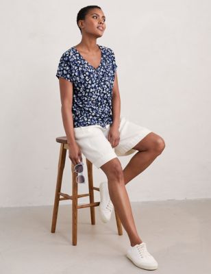 Seasalt Cornwall Women's Pure Cotton Floral V-Neck Relaxed Top - 12 - Navy Mix, Navy Mix