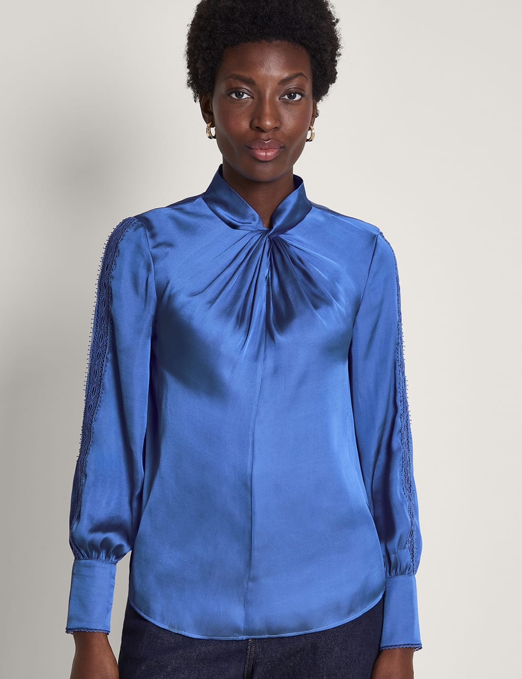 Satin High Neck Lace Insert Blouse image 3