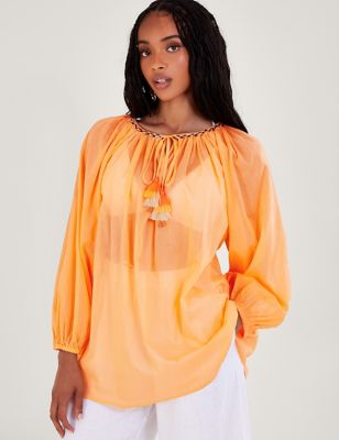 Monsoon Womens Pure Cotton Tie Neck Tassel Top - M - Orange, Orange