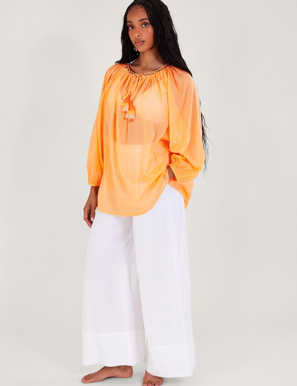 Pure Cotton Tie Neck Tassel Top image 3
