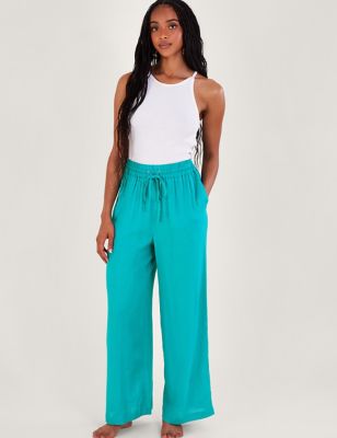 Monsoon Womens Drawstring Wide Leg Trousers with Linen - XXL - Turquoise, Turquoise