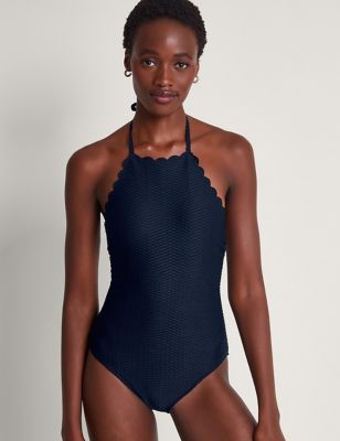 Monsoon Women's Textured Scallop Halterneck Swimsuit - 18 - Black, Black