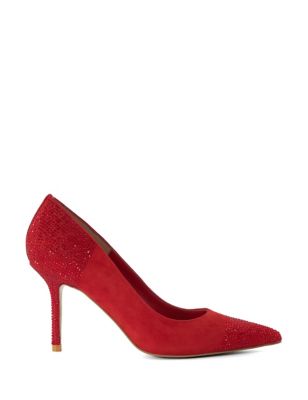 Dune Womens Suede Embellished Stiletto Heel Court Shoes - 3 - Red, Red