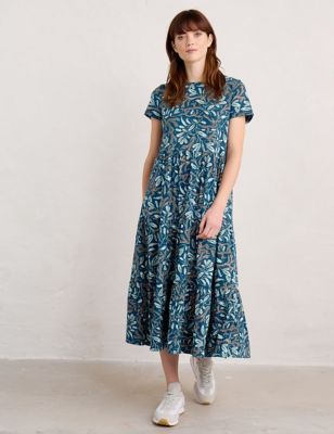 Seasalt Cornwall Womens Organic Cotton Floral Midi Tiered Dress - 10LNG - Teal Mix, Teal Mix