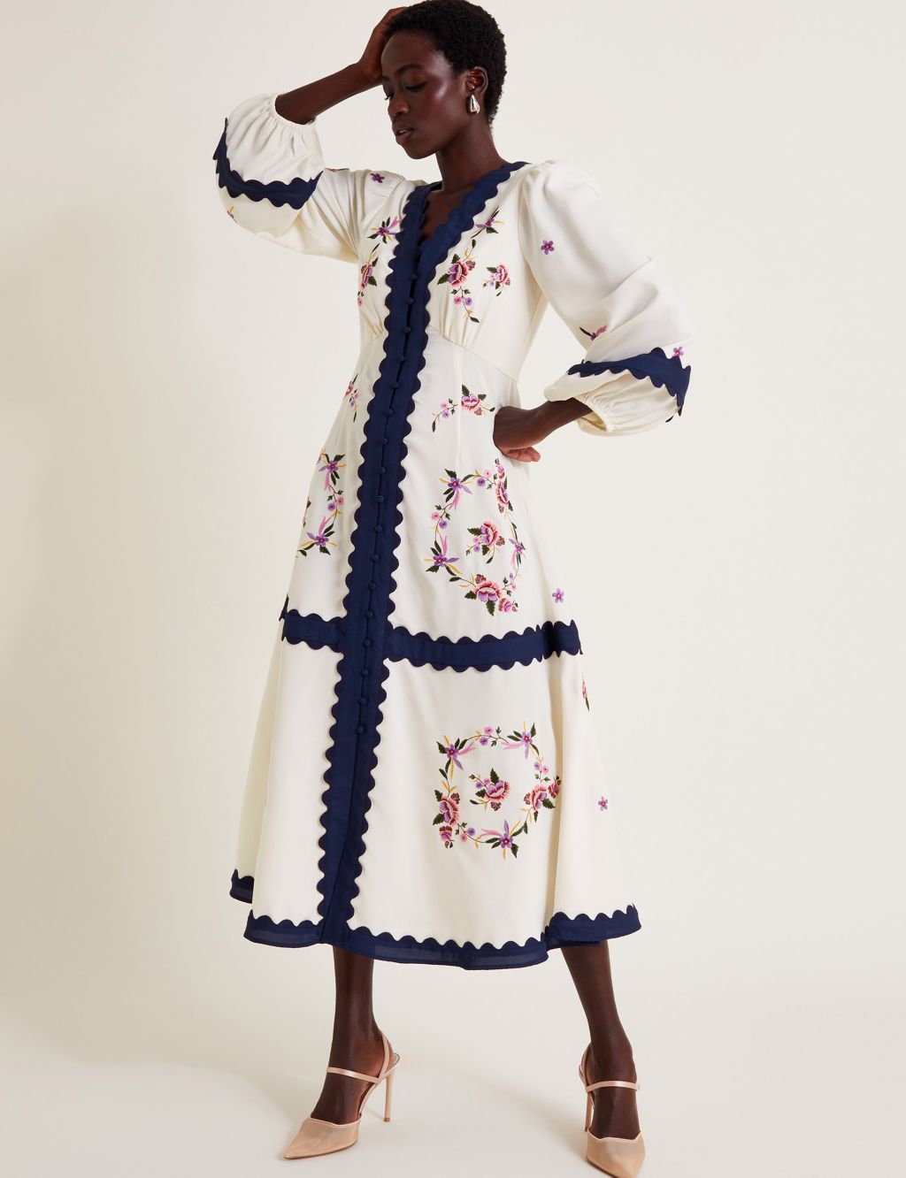 Embroidered V-Neck Blouson Sleeve Midi Tea Dress